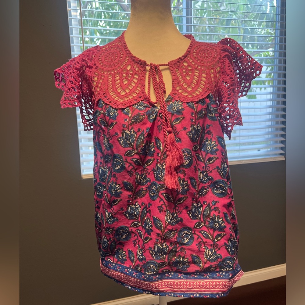 Pink and Blue Floral Crochet Top